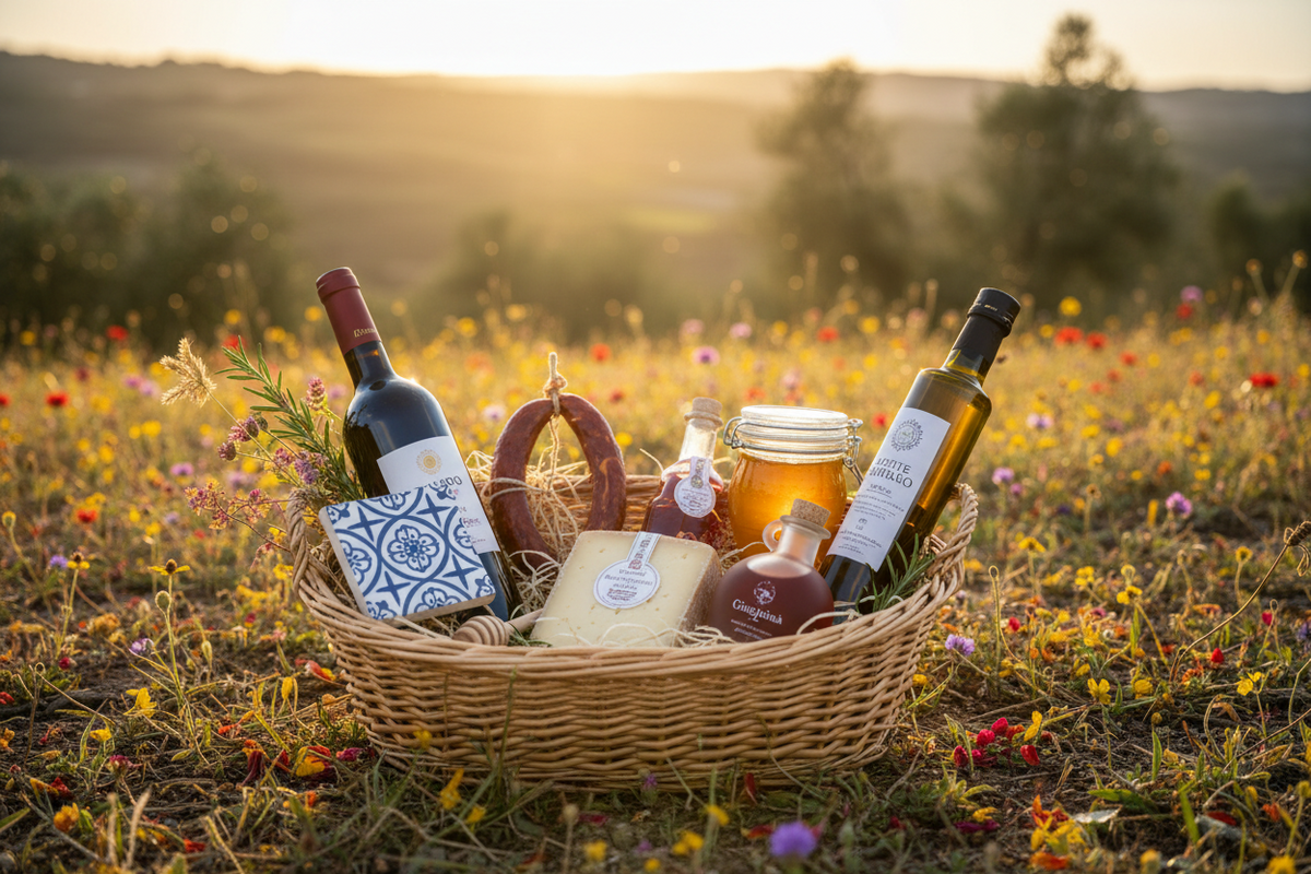 Cabaz de presentes portugueses com vinho, enchido, queijo, mel, azulejo, ímã, ginjinha e azeite num campo ao pôr do sol
